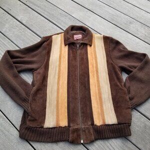 Vintage 70s Mens Medium Brown Suede Leather Sweater Jacket Full Zip Retro